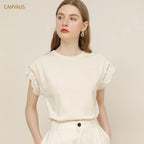 Cream yellow lace short sleeve round neck