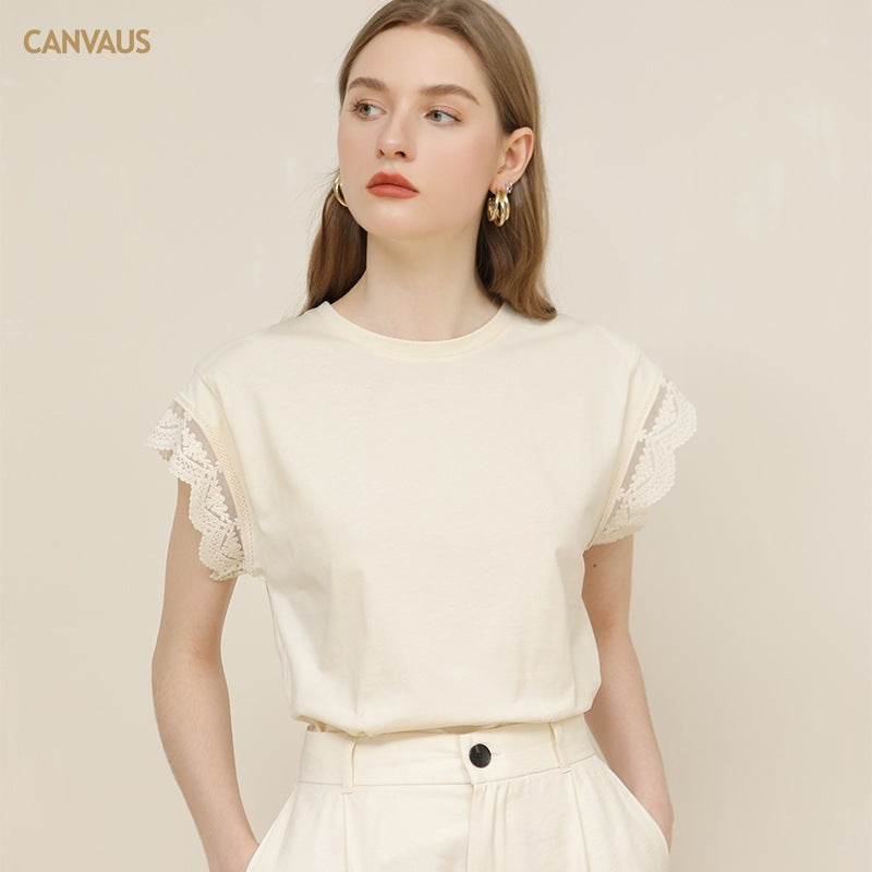 Cream yellow lace short sleeve round neck
