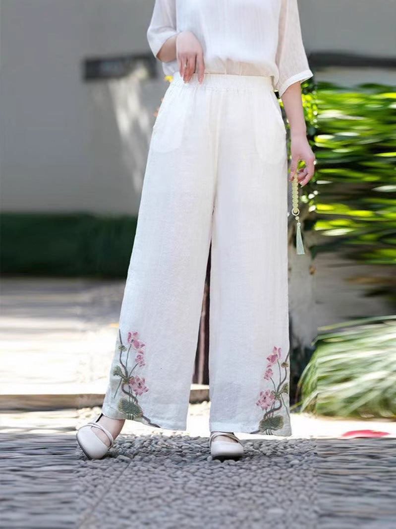 Retro Embroidered Cotton Linen Wide-Leg Pants for Women