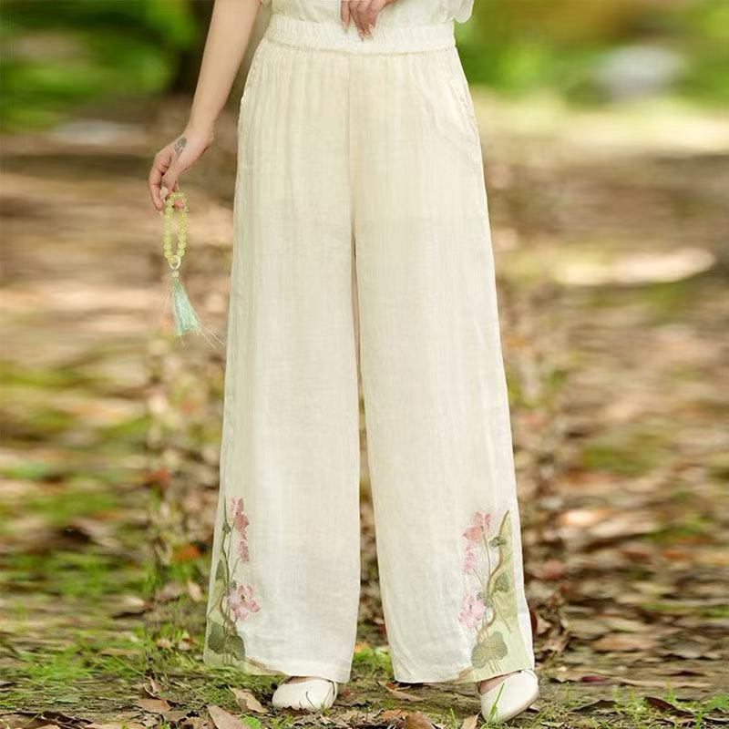 Retro Embroidered Cotton Linen Wide-Leg Pants for Women