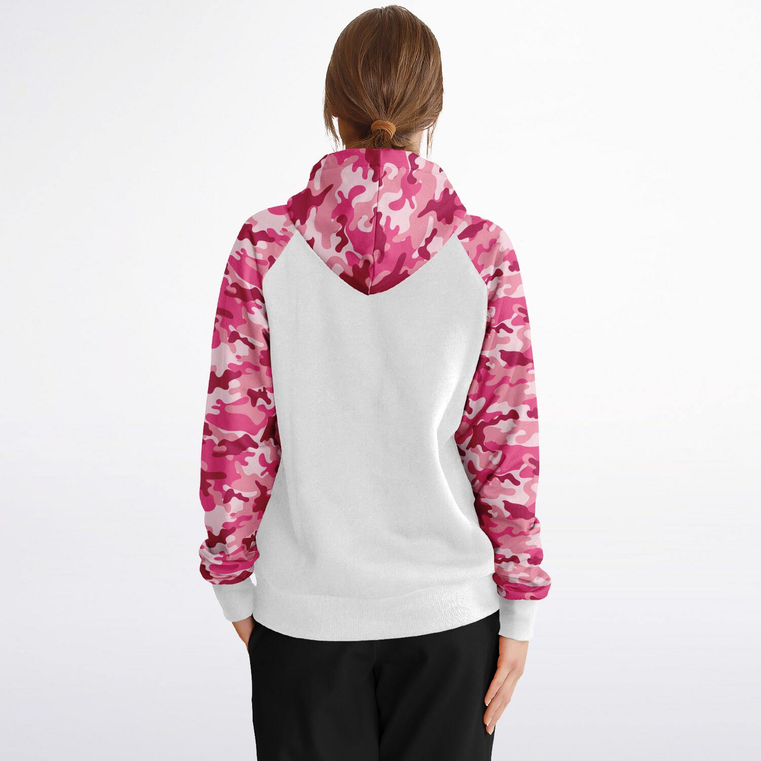 Ladies White and Pink Camo Raglan Hoodie