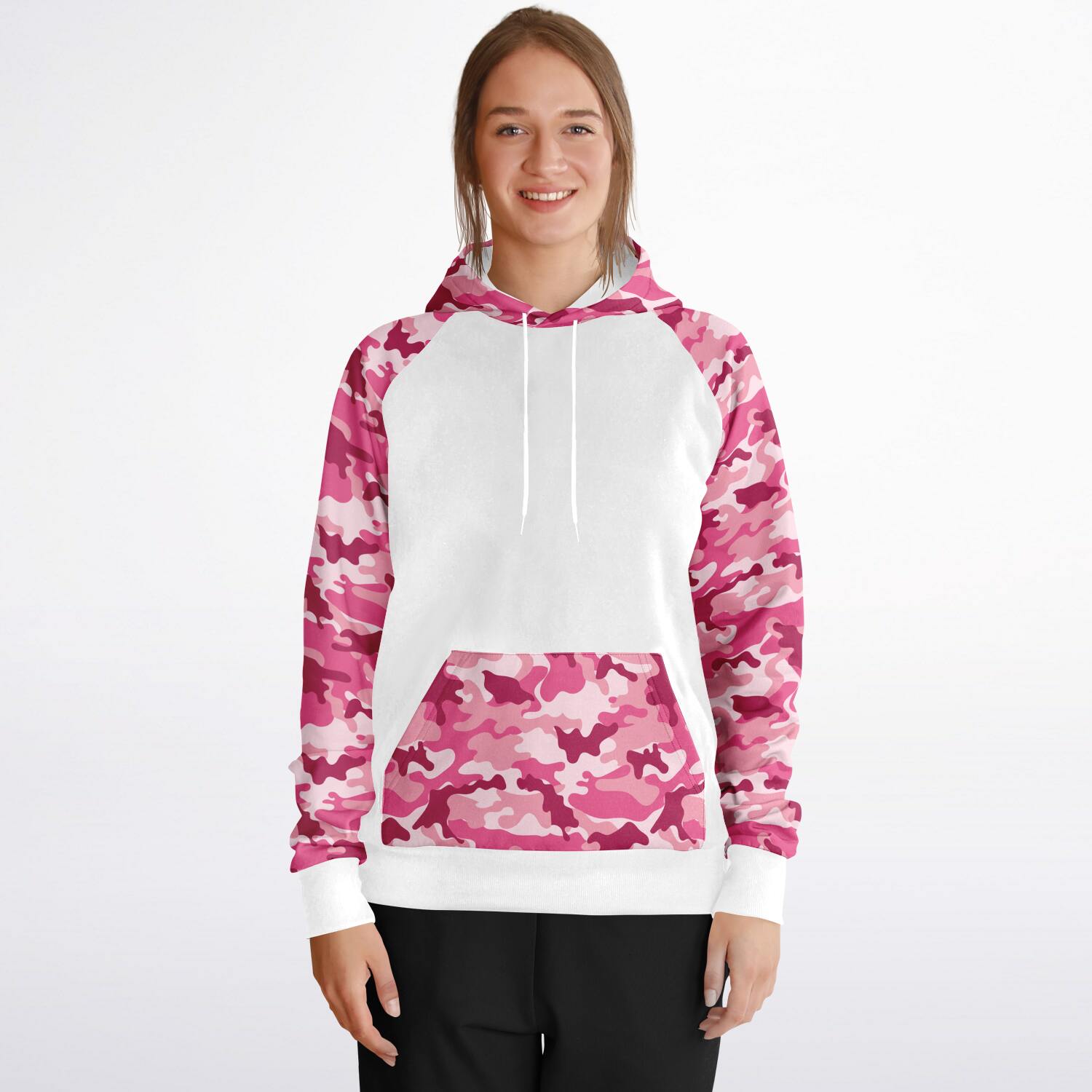 Ladies White and Pink Camo Raglan Hoodie