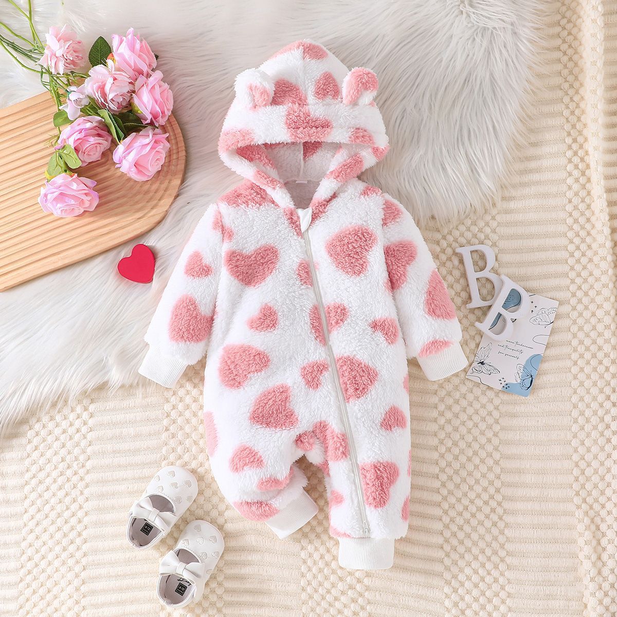 Fuzzy Heart Kids Hooded Long Sleeve Romper