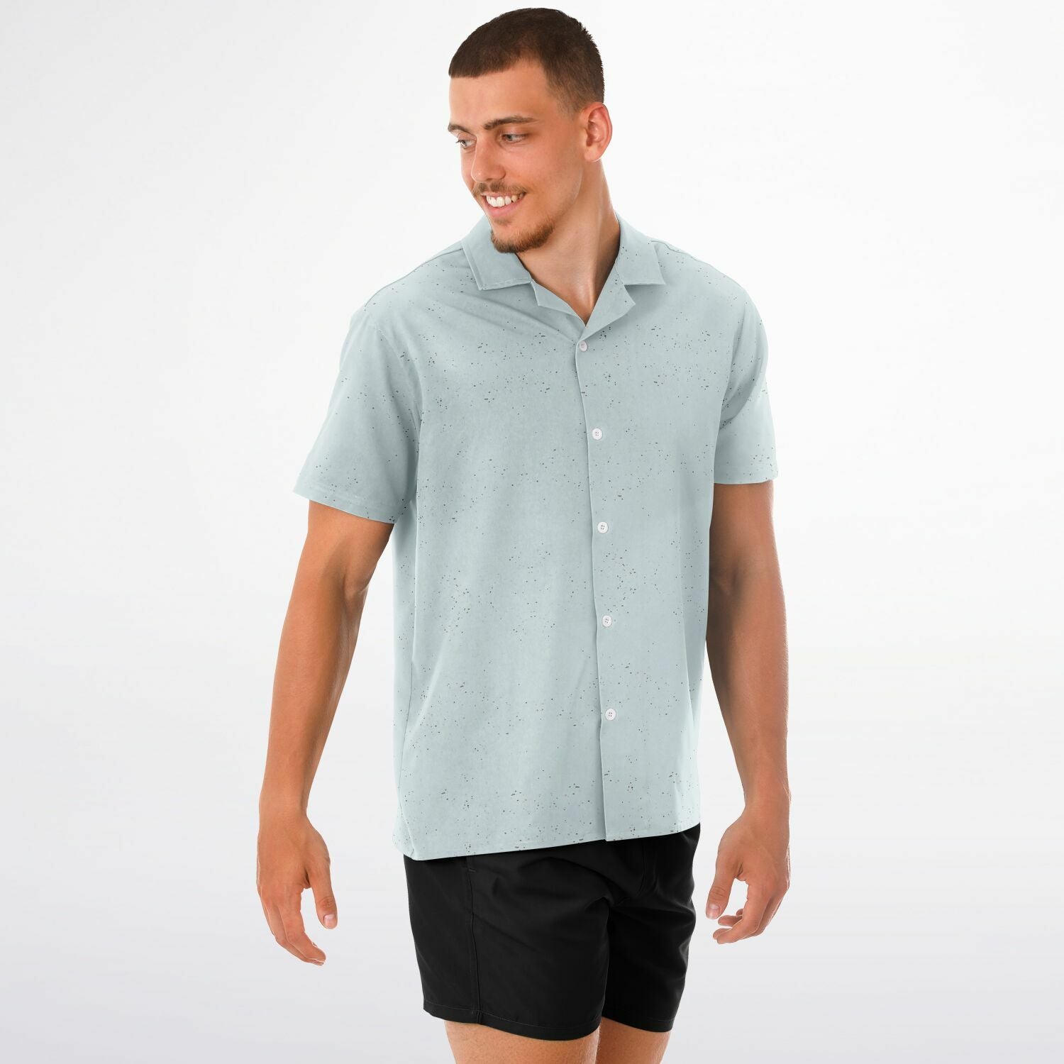 Ice Blue Speckled Men's Spread Collar Short Sleeve Button-Down Shirt