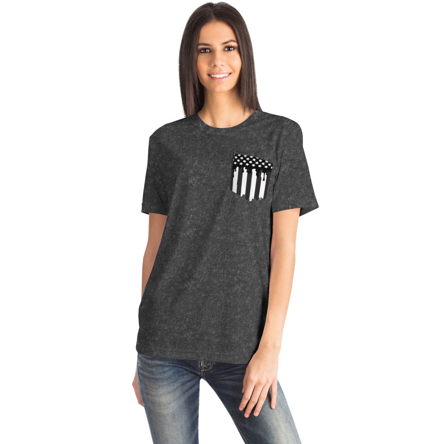 Ladies American Drip Black Acid Wash Pocket T-shirt