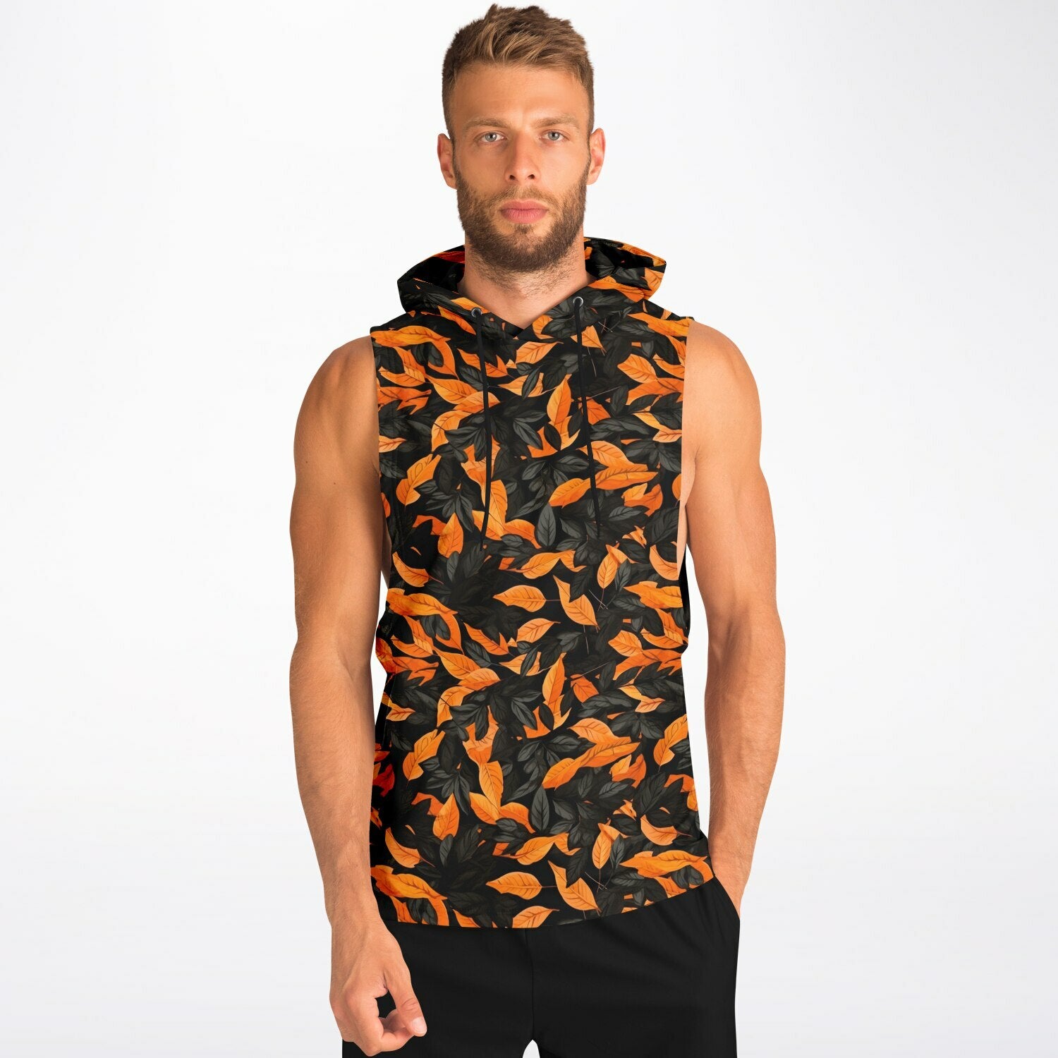 Orange Leaves Forest Camo Athletic Drop Armhole Sleeveless Hoodie