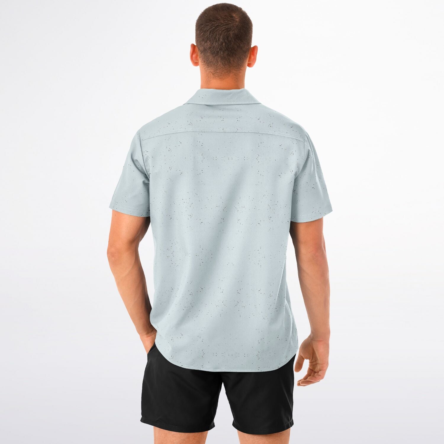 Ice Blue Speckled Men's Spread Collar Short Sleeve Button-Down Shirt