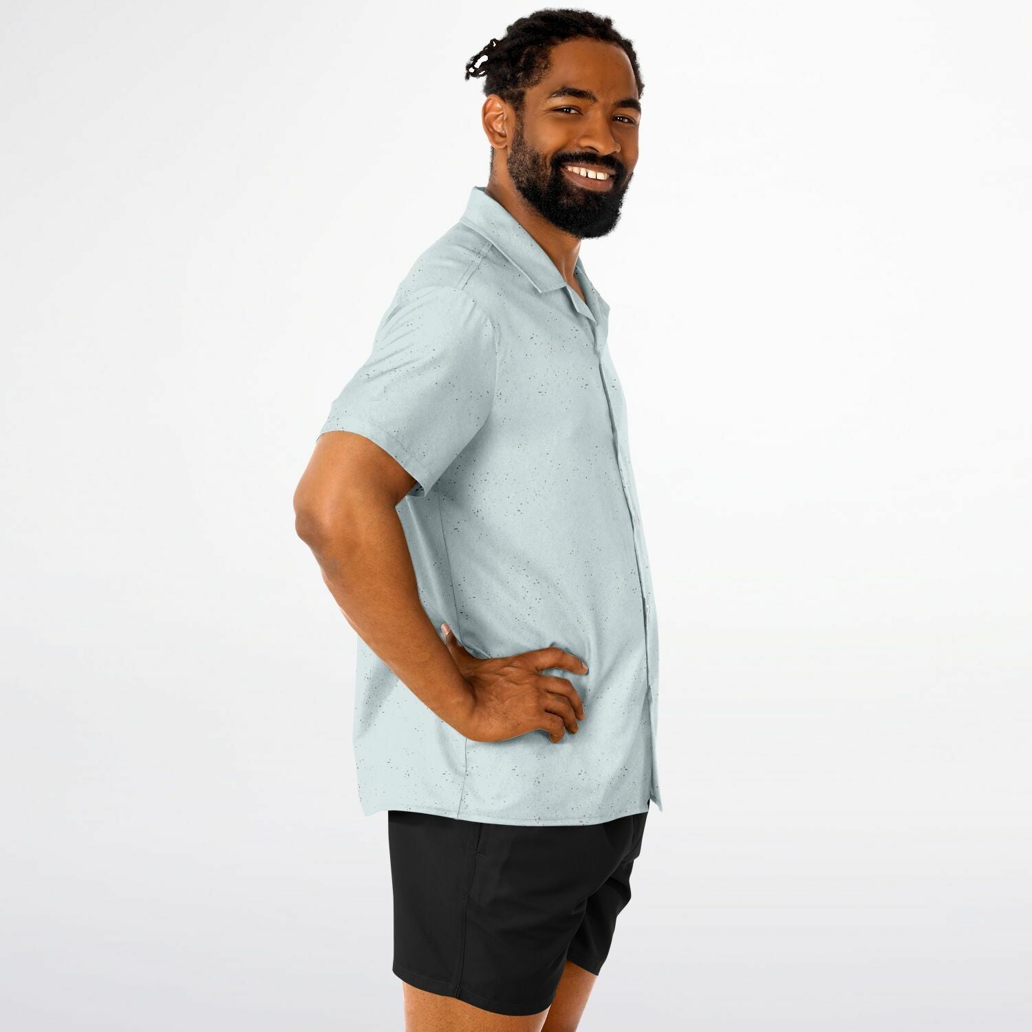Ice Blue Speckled Men's Spread Collar Short Sleeve Button-Down Shirt