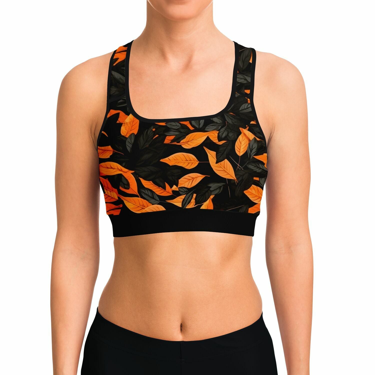 Orange Leaves Forest Camo Sports Bra