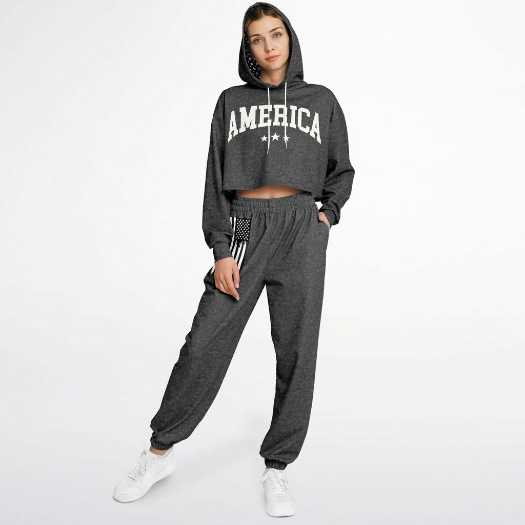 Ladies America Black Acid Wash Dance Hoodie & Sweatpants Set