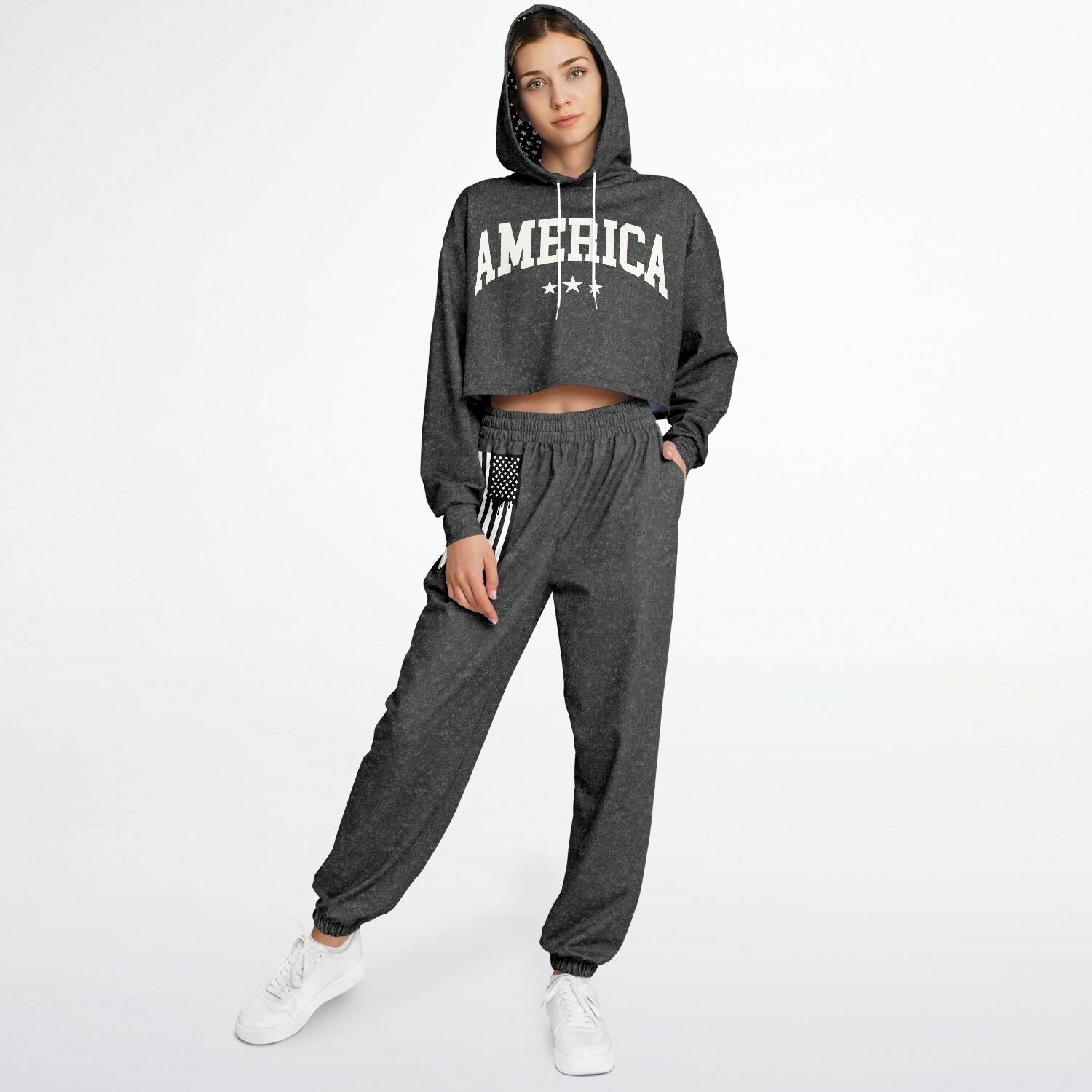 Ladies America Black Acid Wash Dance Hoodie & Sweatpants Set