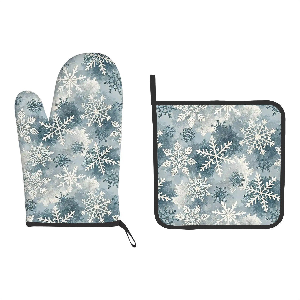 Blue Snowflake Oven Mitts and Potholder Set