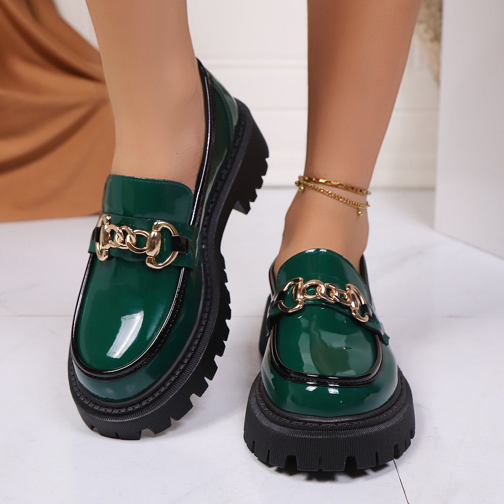 Green Faux Leather Thick Sole Slip-On Shoes