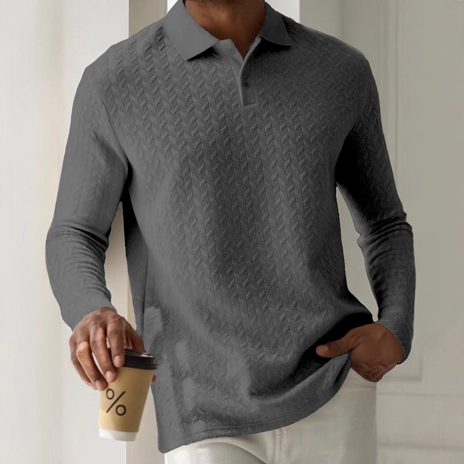 Mens Textured Long Sleeve Polo Shirts