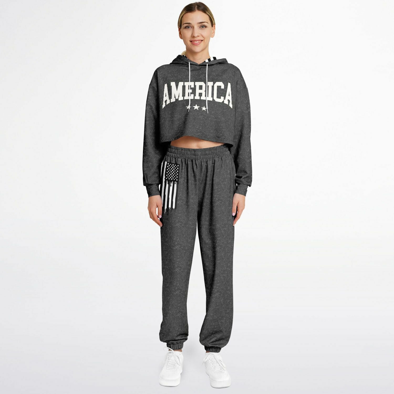 Ladies America Black Acid Wash Dance Hoodie & Sweatpants Set