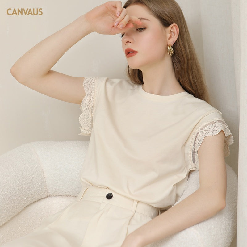 Cream yellow lace short sleeve round neck