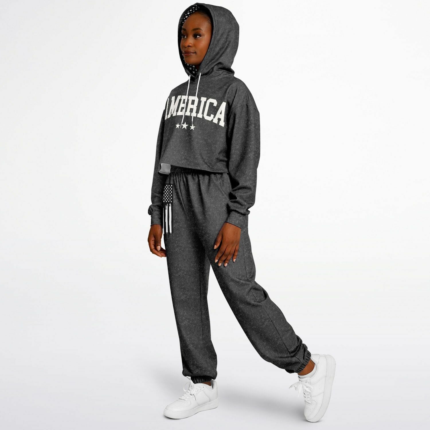 Ladies America Black Acid Wash Dance Hoodie & Sweatpants Set