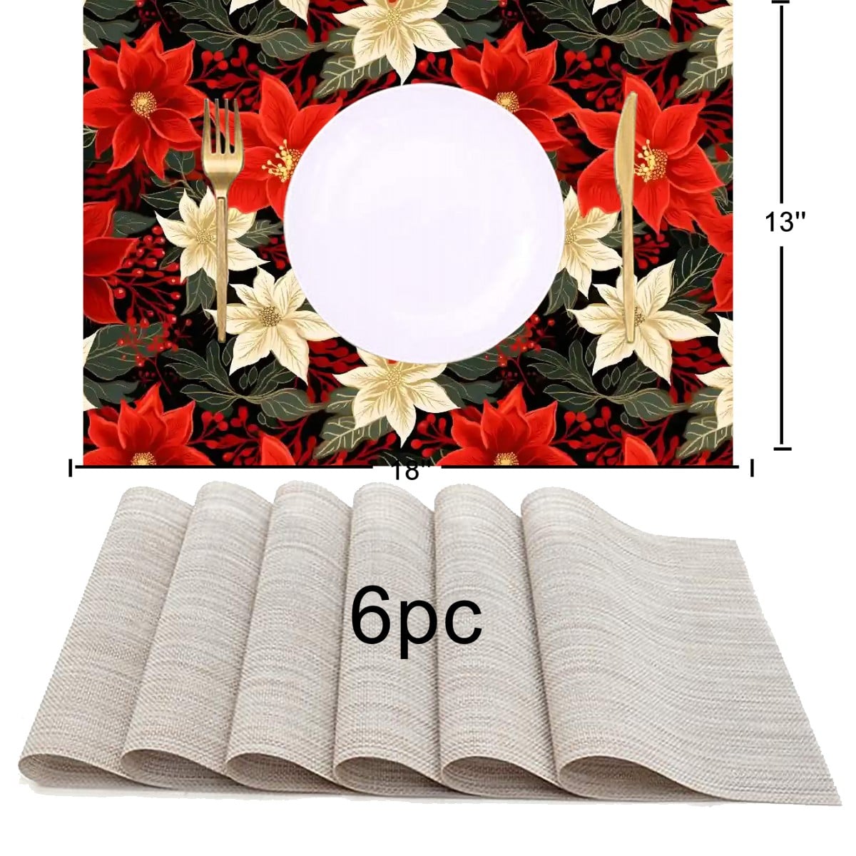 Poinsettia Cloth Placemat Table Runner Set (7 Pieces)