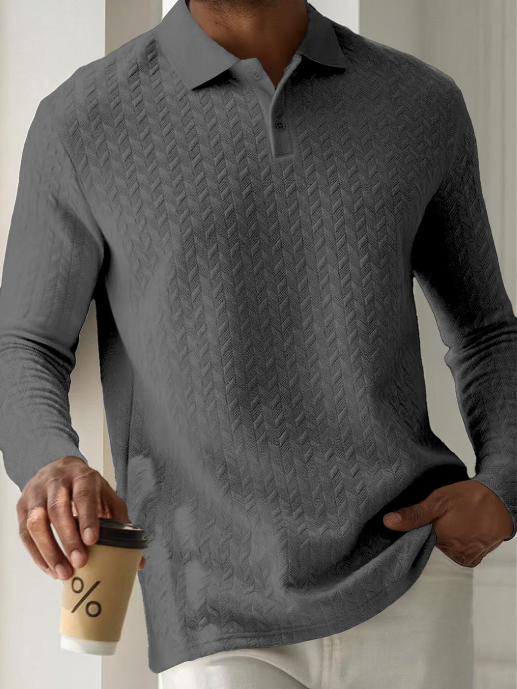 Mens Textured Long Sleeve Polo Shirts