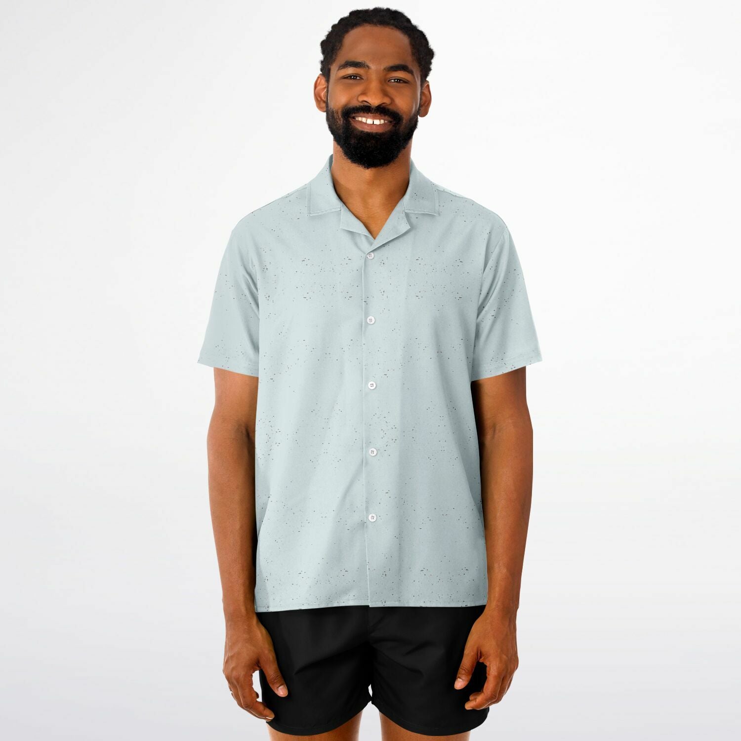 Ice Blue Speckled Men's Spread Collar Short Sleeve Button-Down Shirt