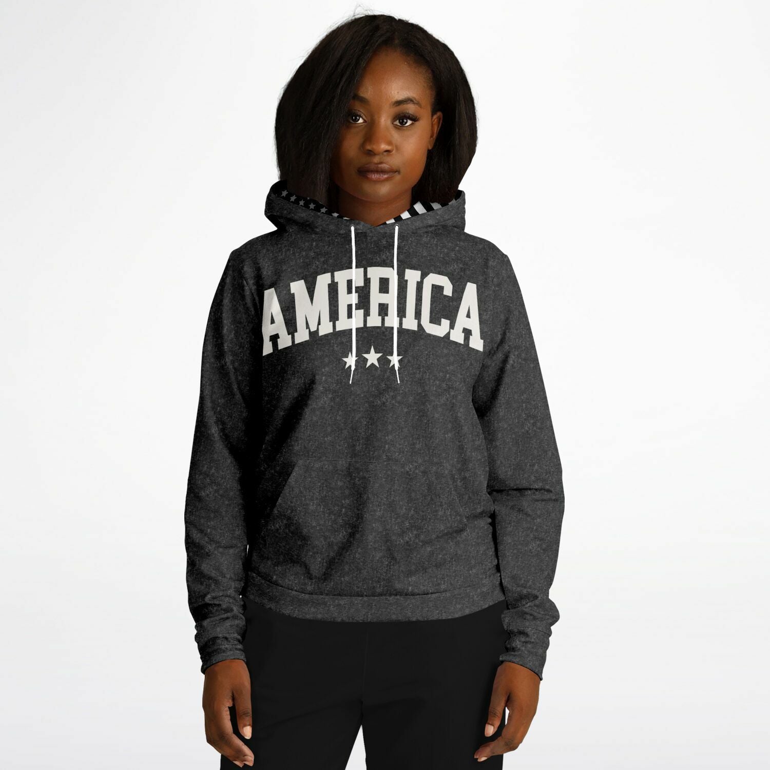 Ladies America Black Acid Wash Hoodie