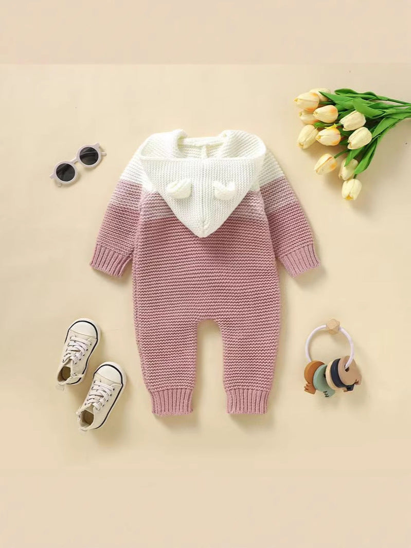 knitted Baby Hooded Jumpsuit / Onesie