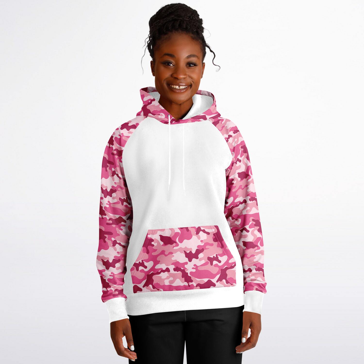 Ladies White and Pink Camo Raglan Hoodie