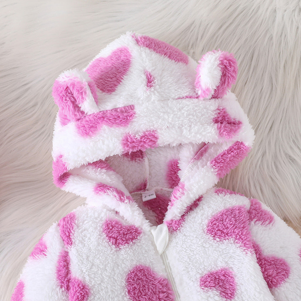 Fuzzy Heart Kids Hooded Long Sleeve Romper
