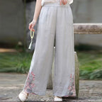 Retro Embroidered Cotton Linen Wide-Leg Pants for Women