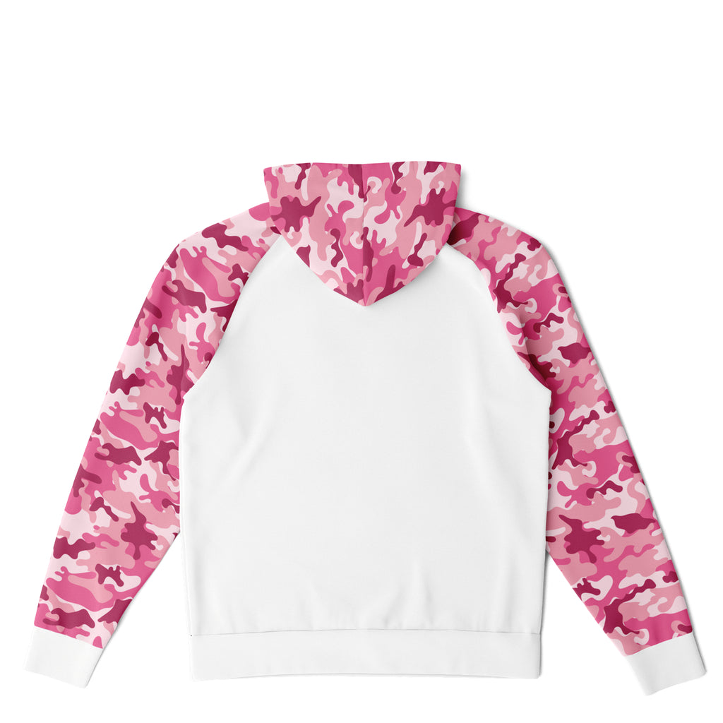 Ladies White and Pink Camo Raglan Hoodie