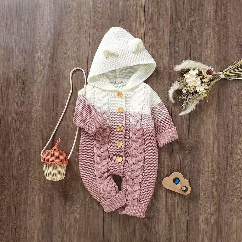 knitted Baby Hooded Jumpsuit / Onesie