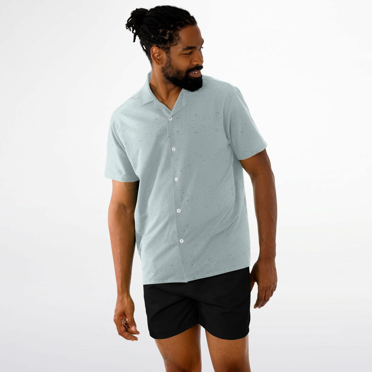 Ice Blue Speckled Men's Spread Collar Short Sleeve Button-Down Shirt