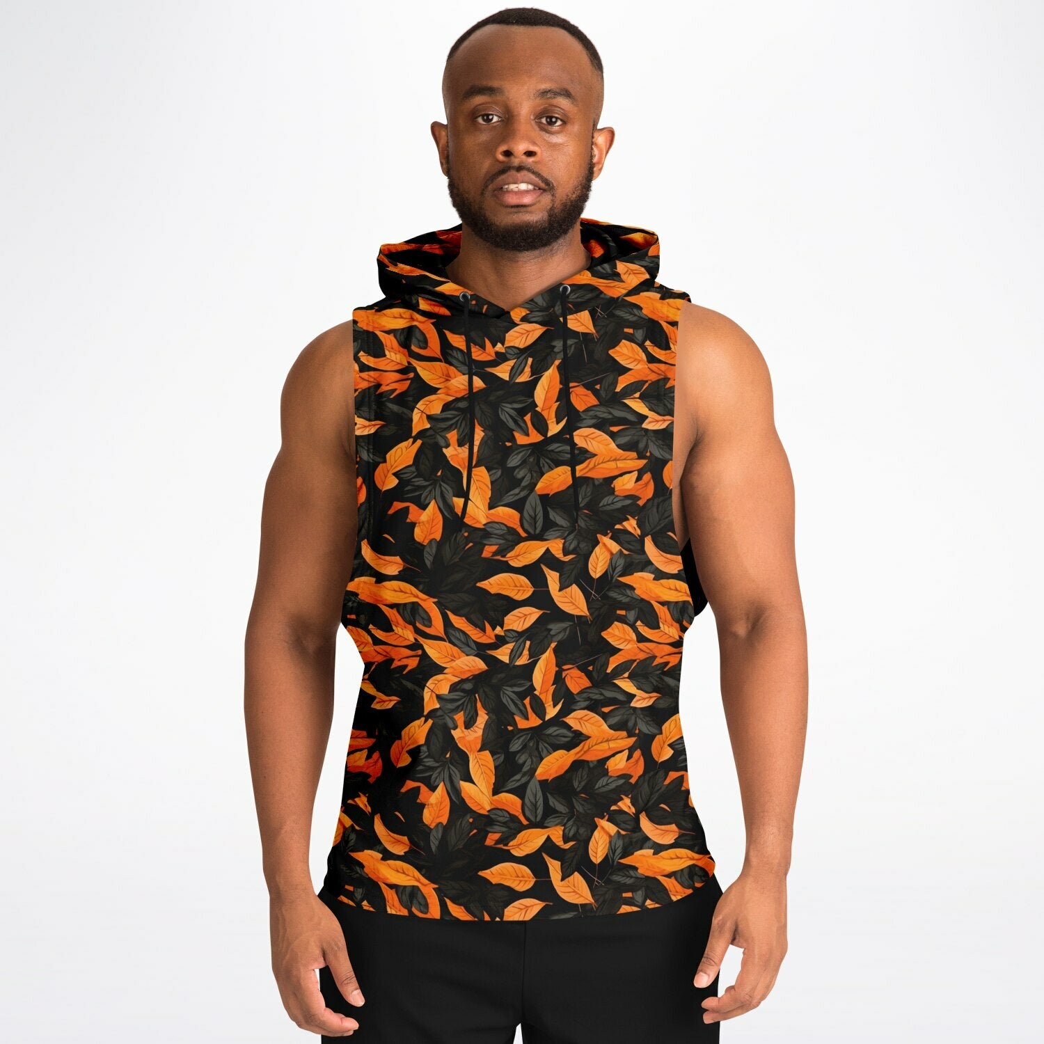 Orange Leaves Forest Camo Athletic Drop Armhole Sleeveless Hoodie
