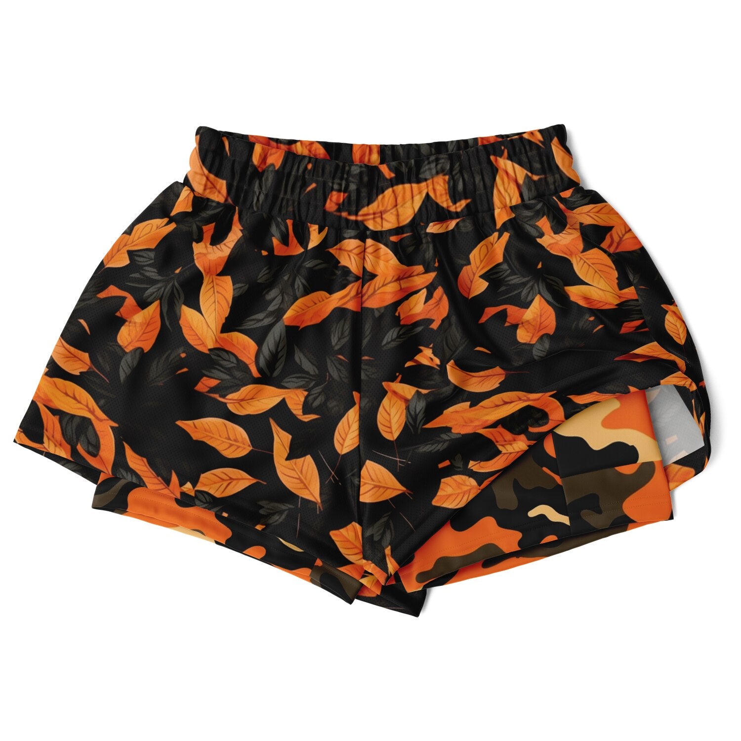Orange Leave Forest Camo Women's 2-in-1 Shorts