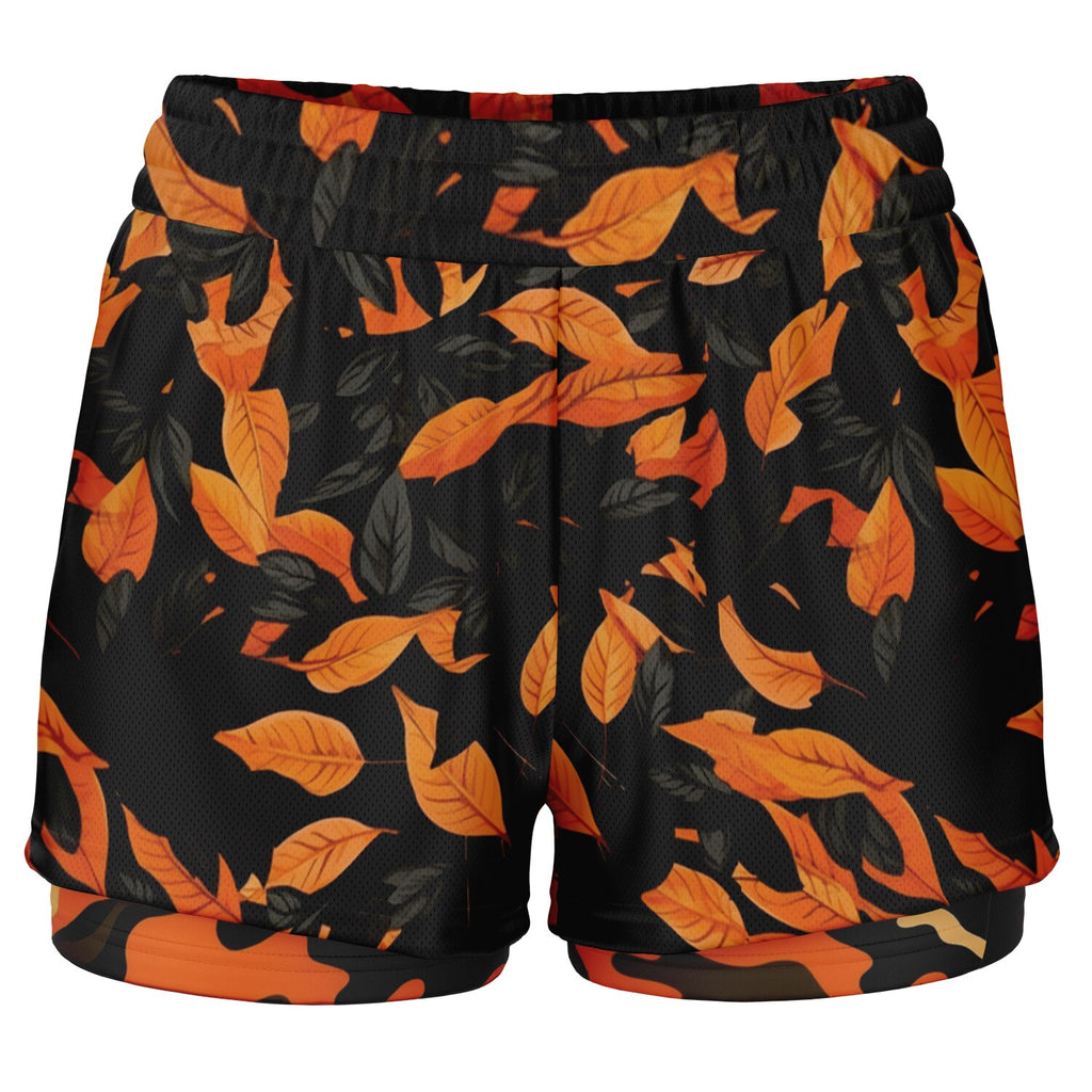 Orange Leave Forest Camo Women's 2-in-1 Shorts