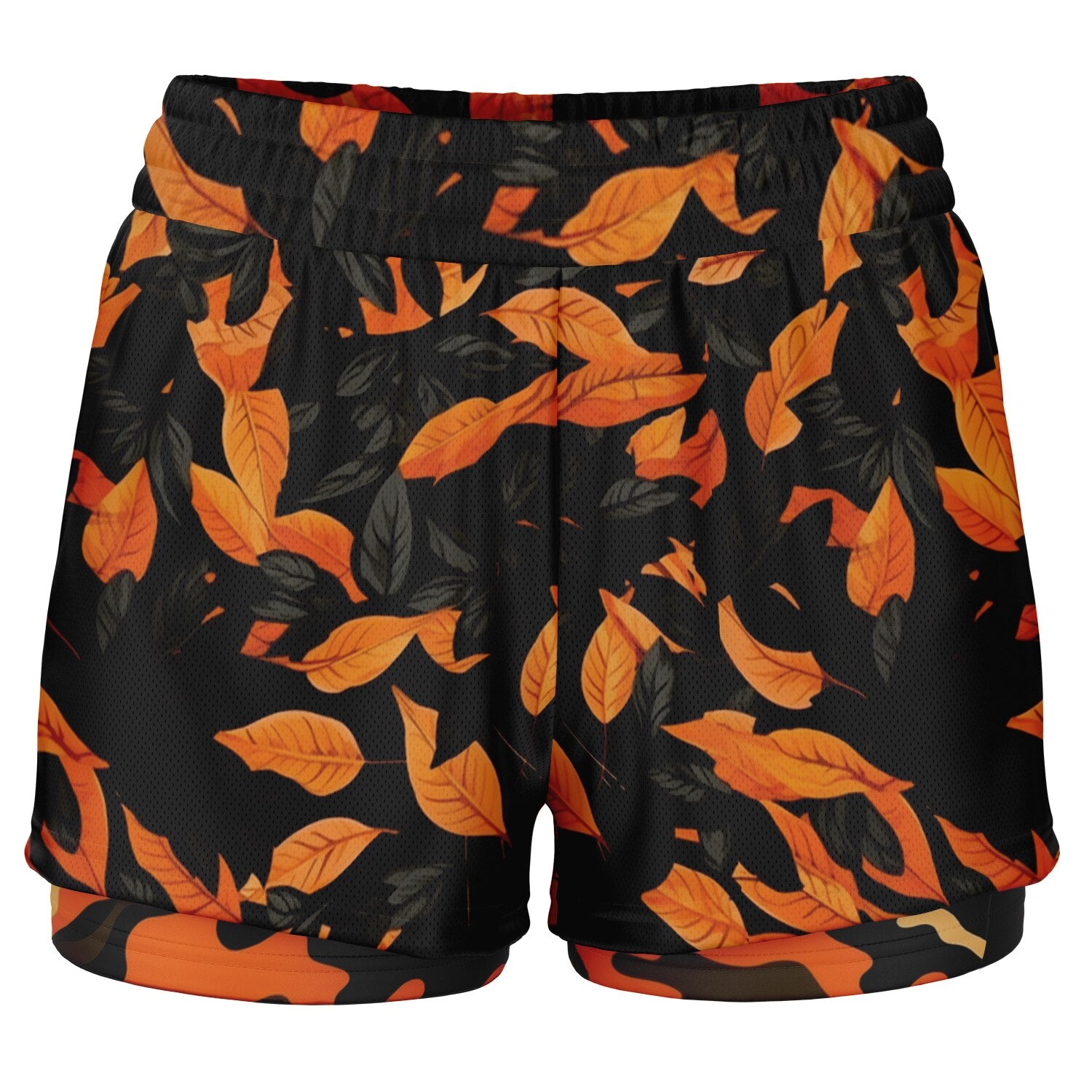 Orange Leave Forest Camo Women's 2-in-1 Shorts