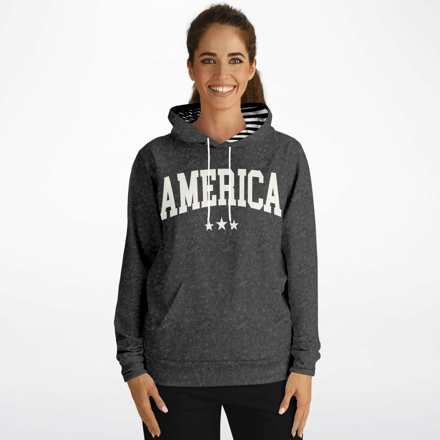 Ladies America Black Acid Wash Hoodie