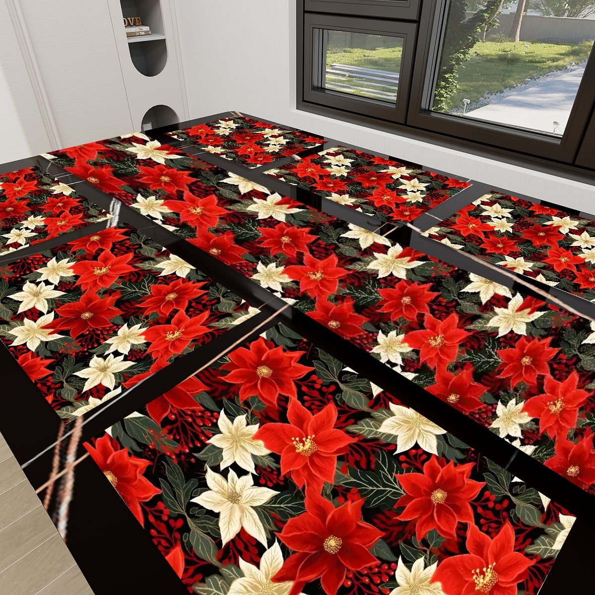 Poinsettia Cloth Placemat Table Runner Set (7 Pieces)