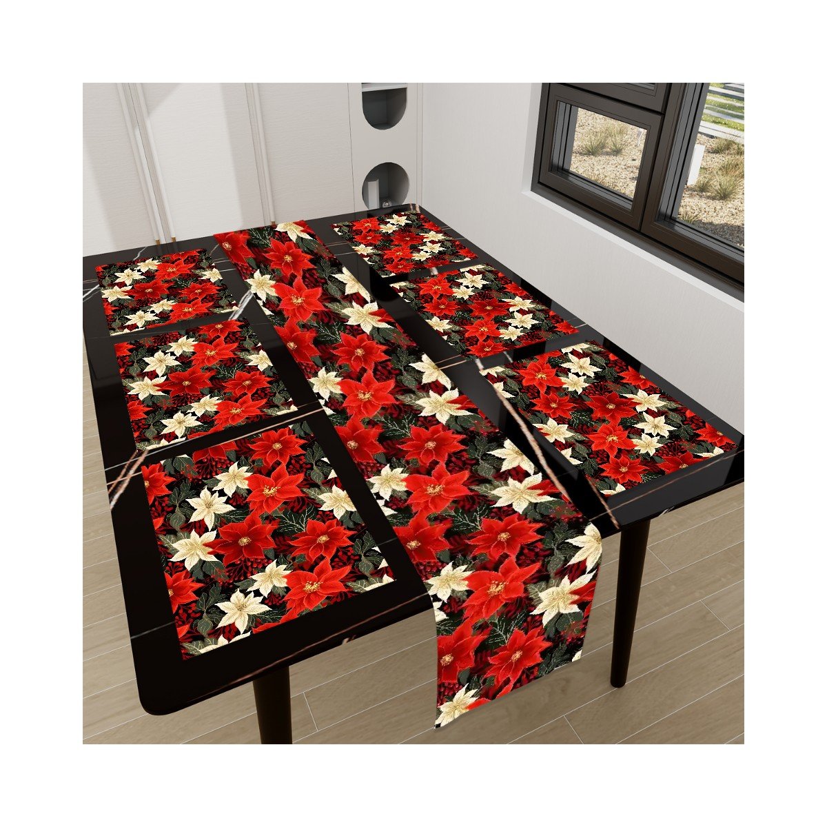 Poinsettia Cloth Placemat Table Runner Set (7 Pieces)