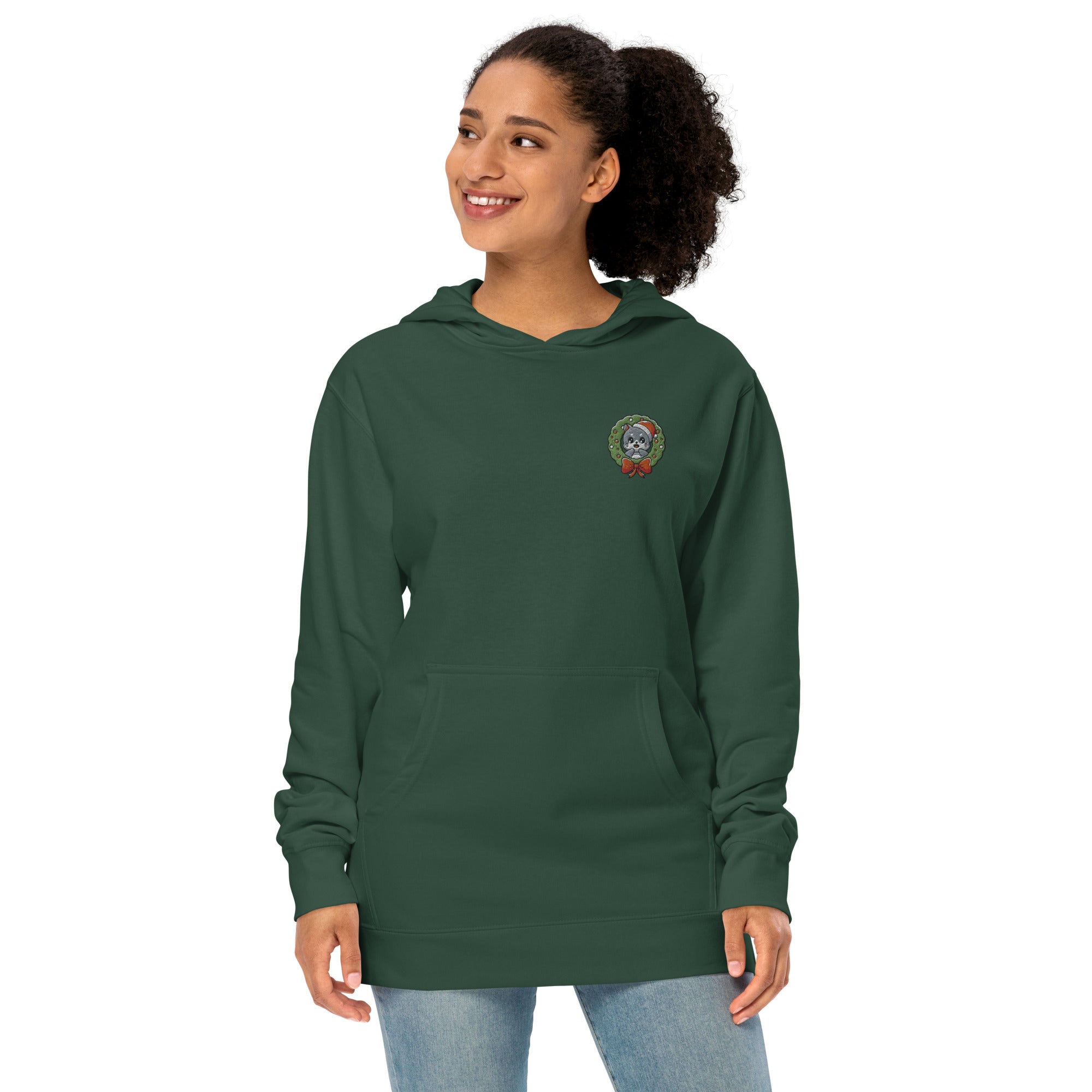 Cute Cat in Wreath Embroidered Premium Ladies Midweight Hoodie