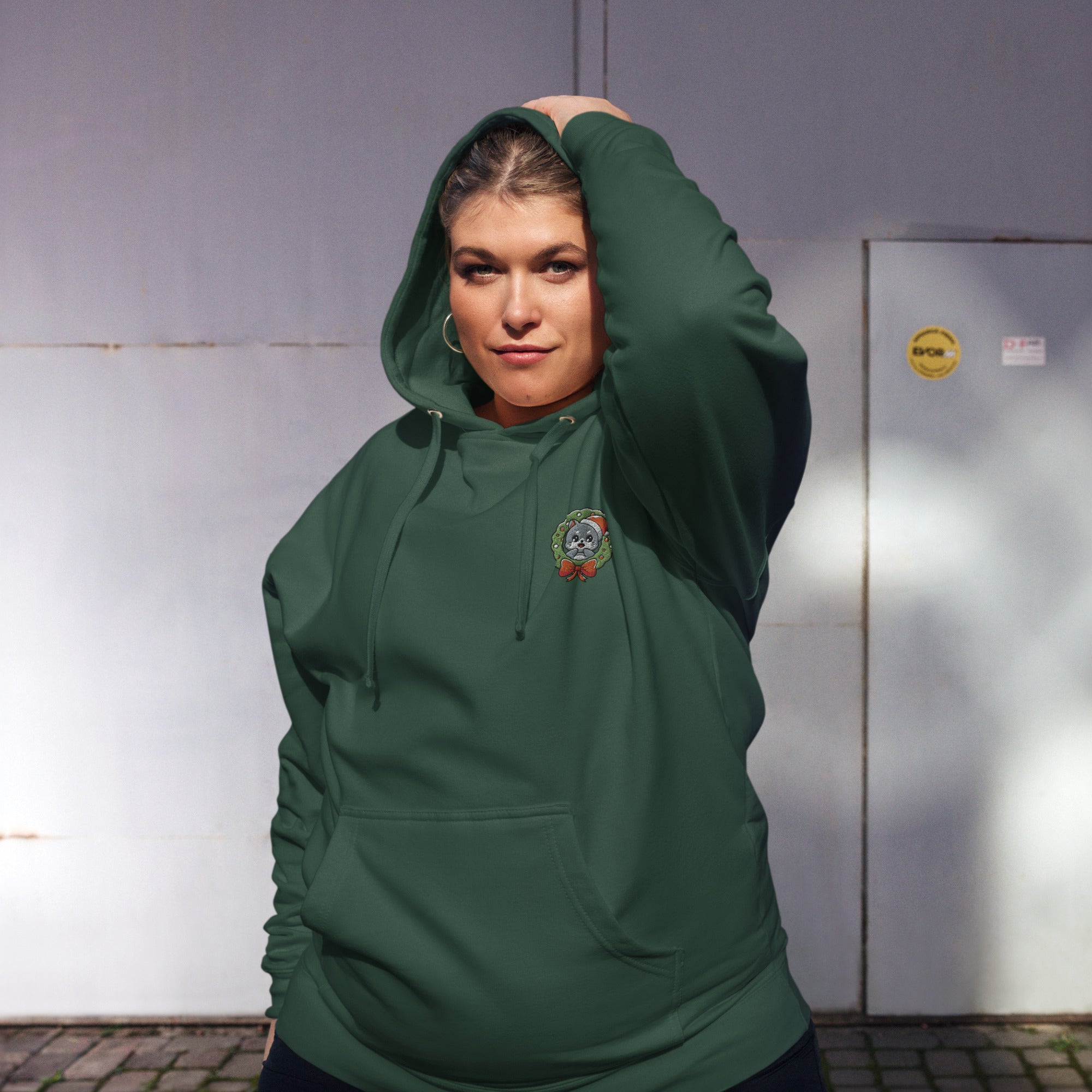 Cute Cat in Wreath Embroidered Premium Ladies Midweight Hoodie