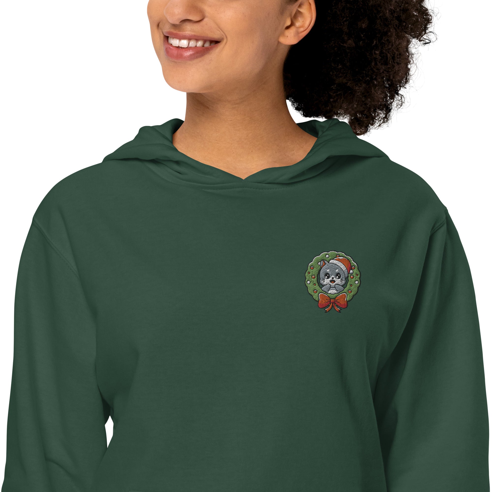 Cute Cat in Wreath Embroidered Premium Ladies Midweight Hoodie
