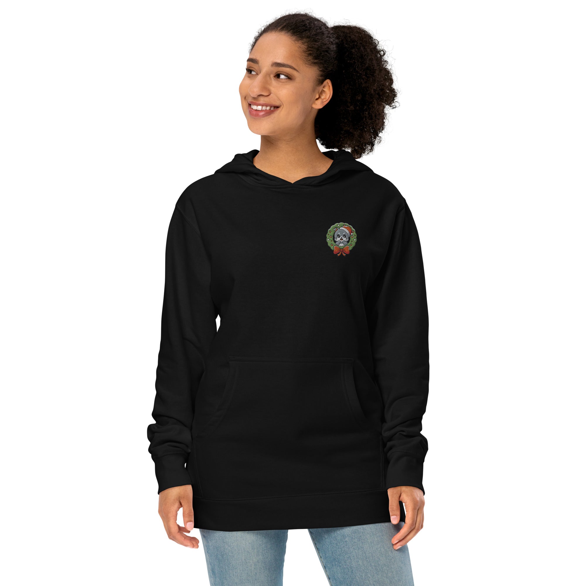 Cute Cat in Wreath Embroidered Premium Ladies Midweight Hoodie