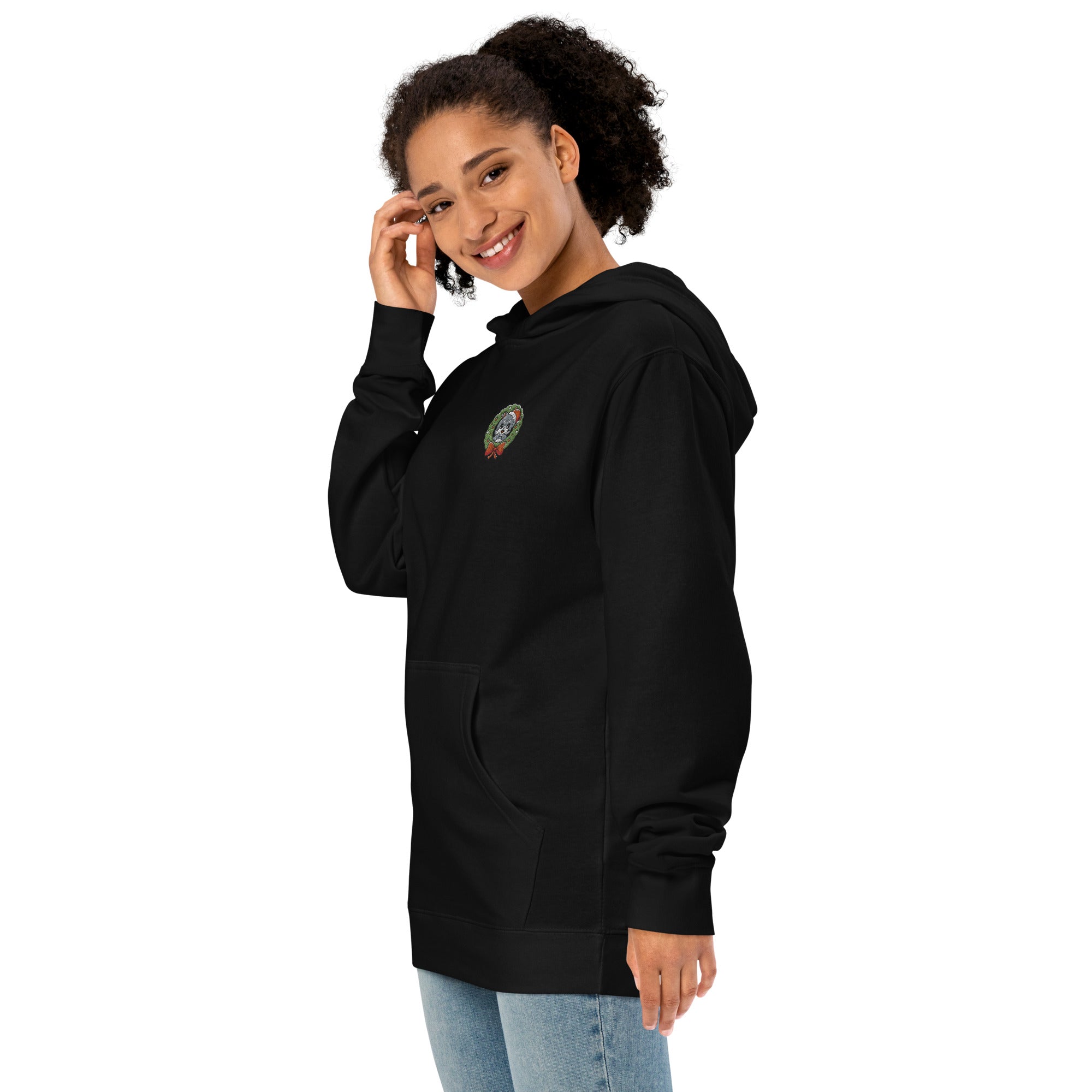 Cute Cat in Wreath Embroidered Premium Ladies Midweight Hoodie