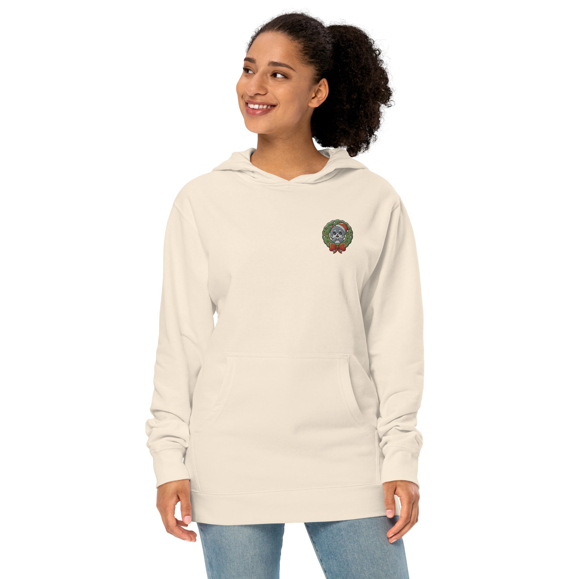 Cute Cat in Wreath Embroidered Premium Ladies Midweight Hoodie