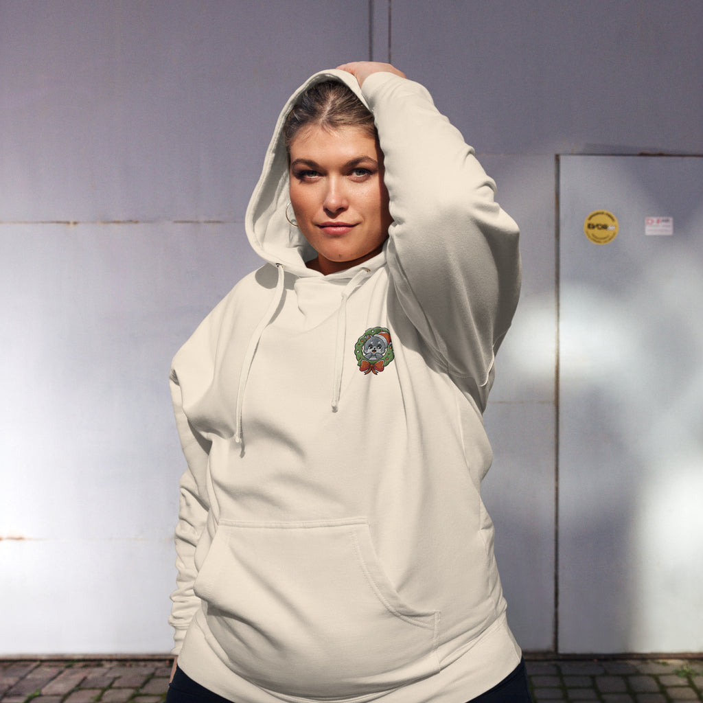 Cute Cat in Wreath Embroidered Premium Ladies Midweight Hoodie