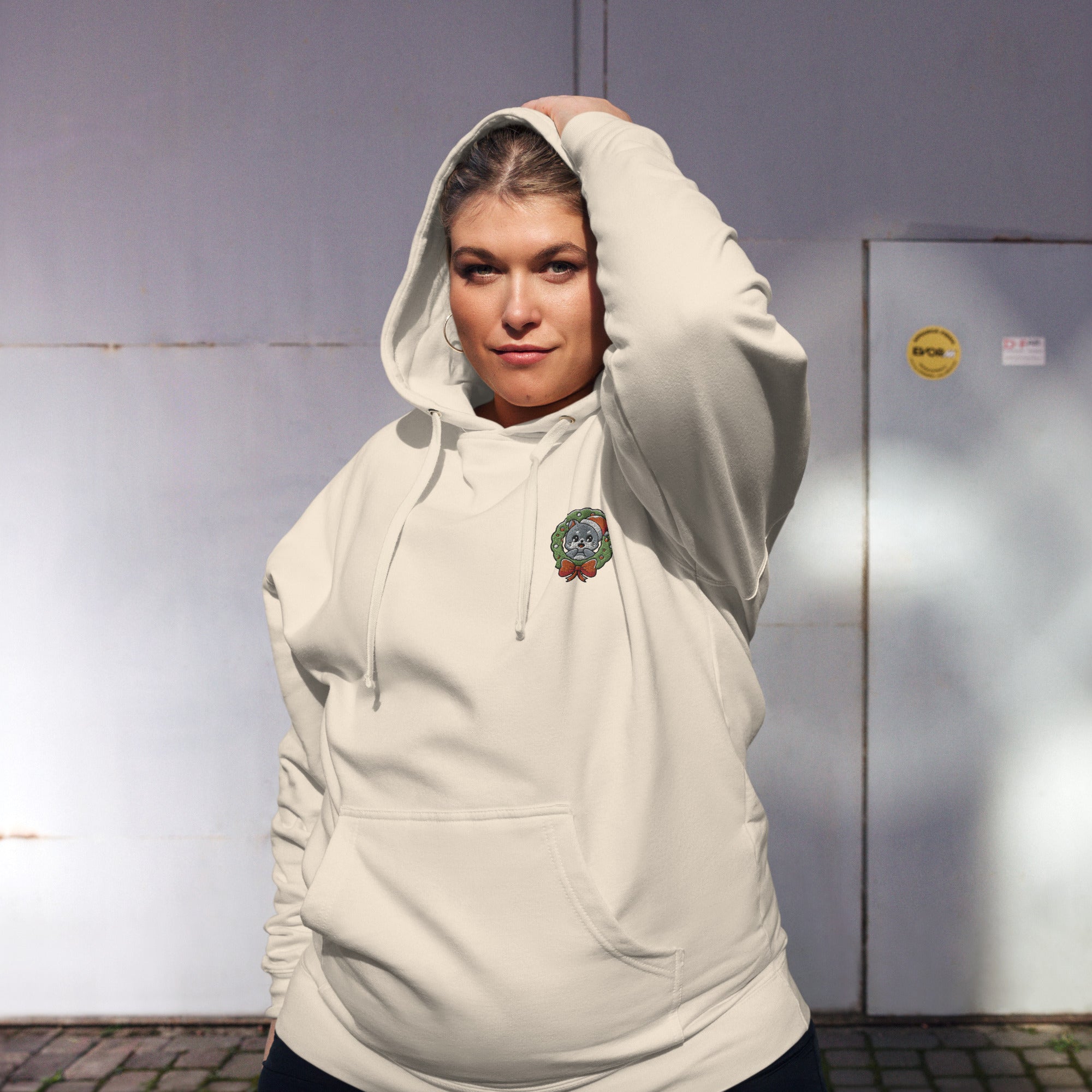 Cute Cat in Wreath Embroidered Premium Ladies Midweight Hoodie