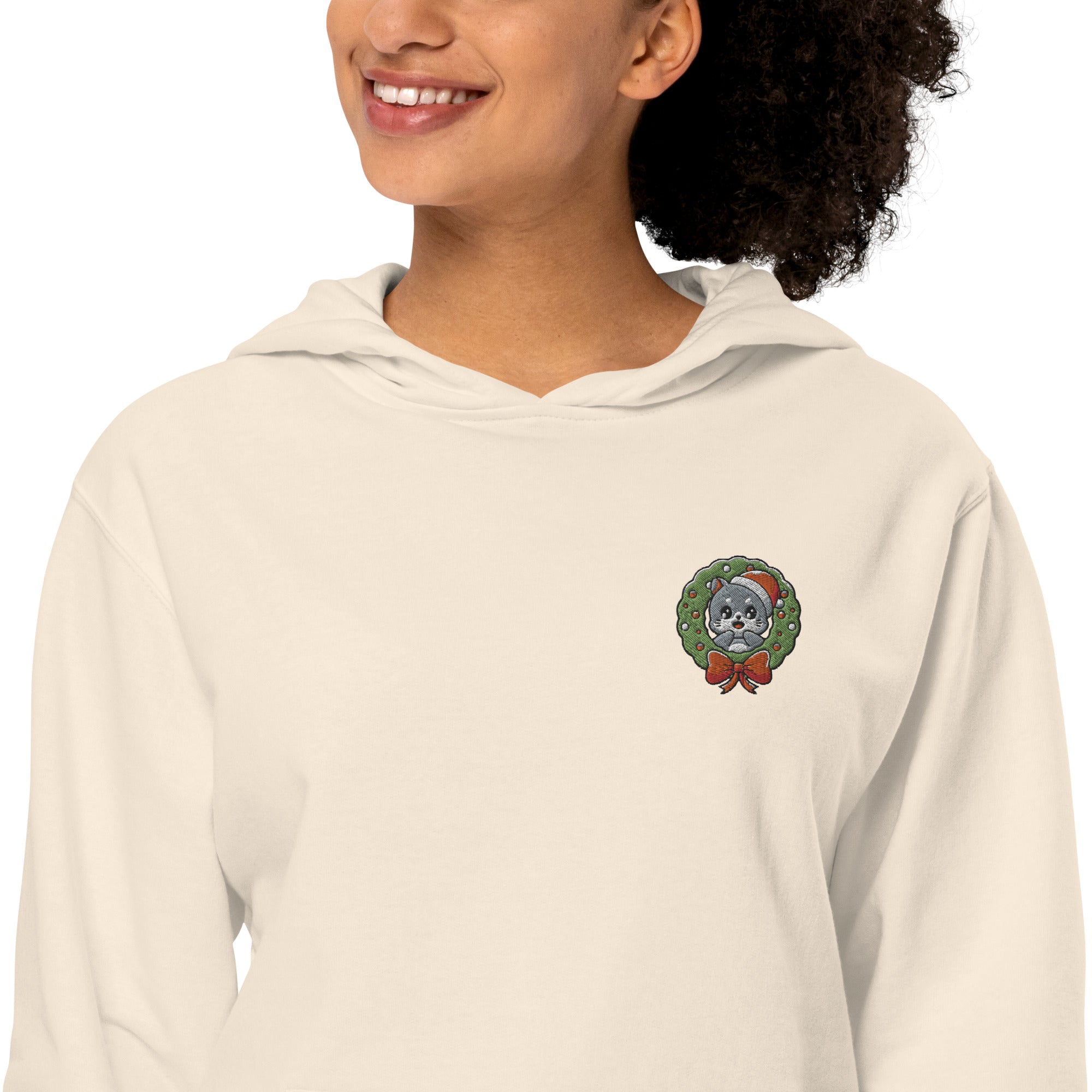Cute Cat in Wreath Embroidered Premium Ladies Midweight Hoodie